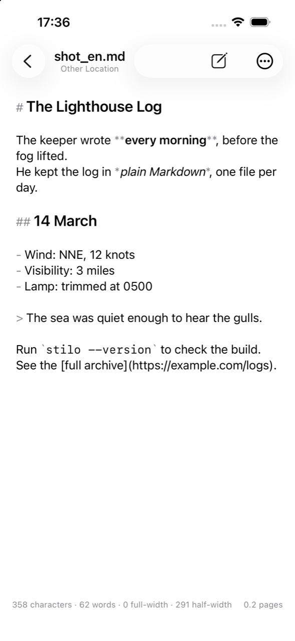 The editor showing Markdown source, with headings, bold, italic, a list, a quote and inline code highlighted