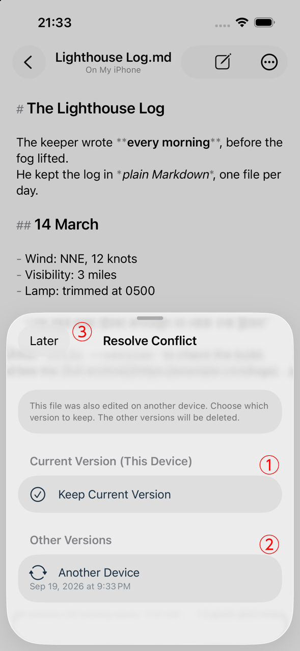 The Resolve Conflict screen