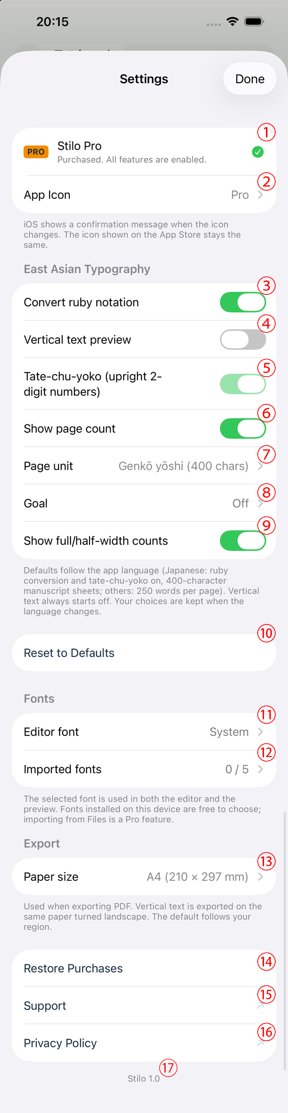 The Settings screen