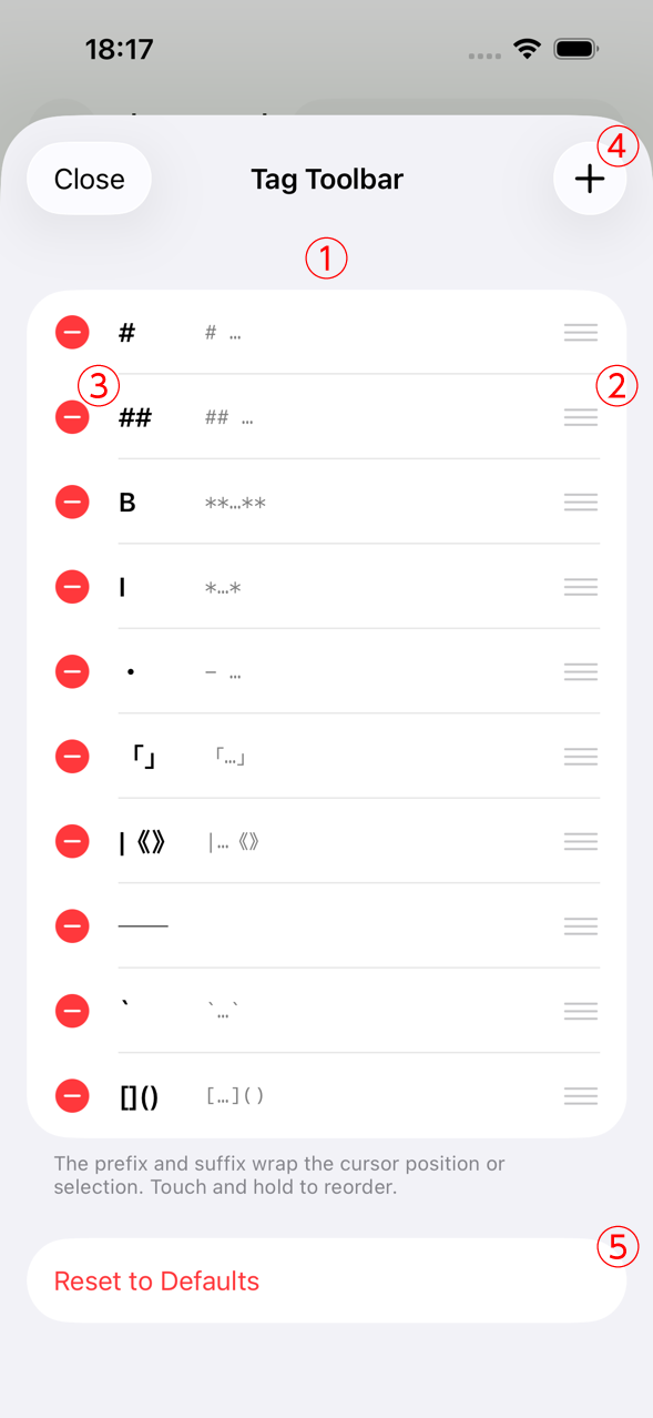 The tag toolbar editor